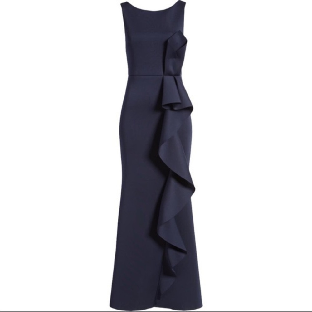 Eliza J Nordstrom Ruffle Front Gown Womens Size 6 Navy Blue Sleeveless - Picture 2 of 12